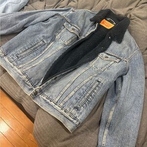 Men’s Blue Denim Jacket with Dark Blue Sherpa Lining